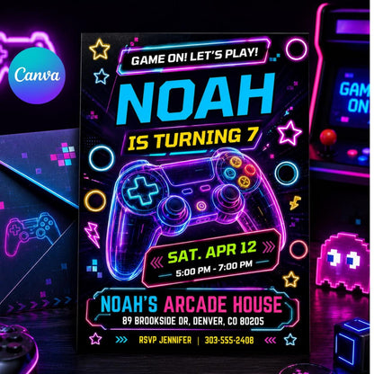 Neon Controller Game On 7th Birthday Invitation — editable Canva template