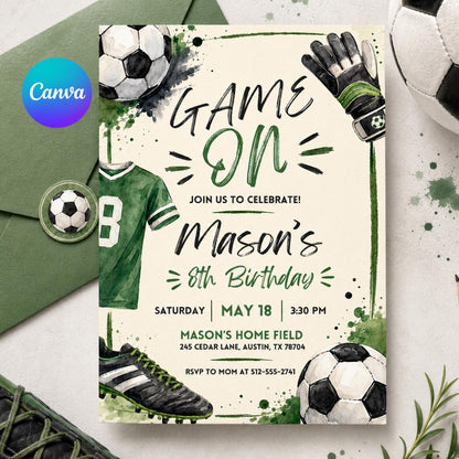 Watercolor Soccer Jersey 8th Birthday Invitation — editable Canva template