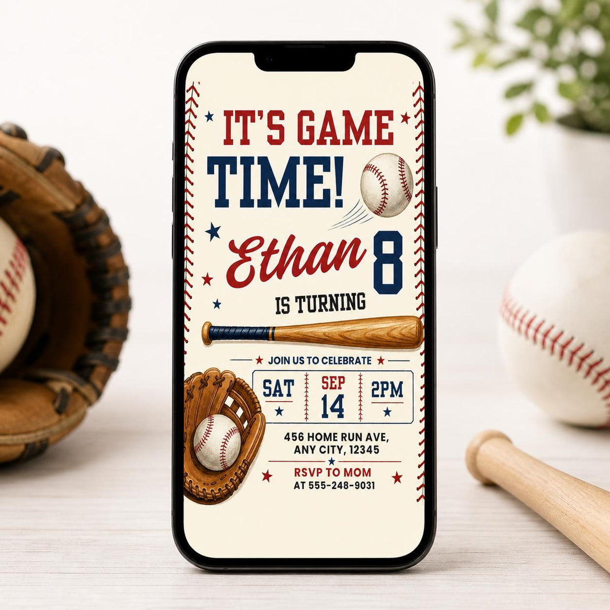 Vintage Baseball 8th Birthday Invitation with Stitched Border — digital invitation, instant download