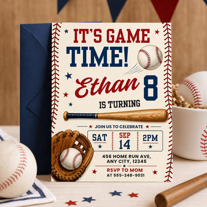 Vintage Baseball 8th Birthday Invitation with Stitched Border — print-ready 8th birthday party design from VoltBy