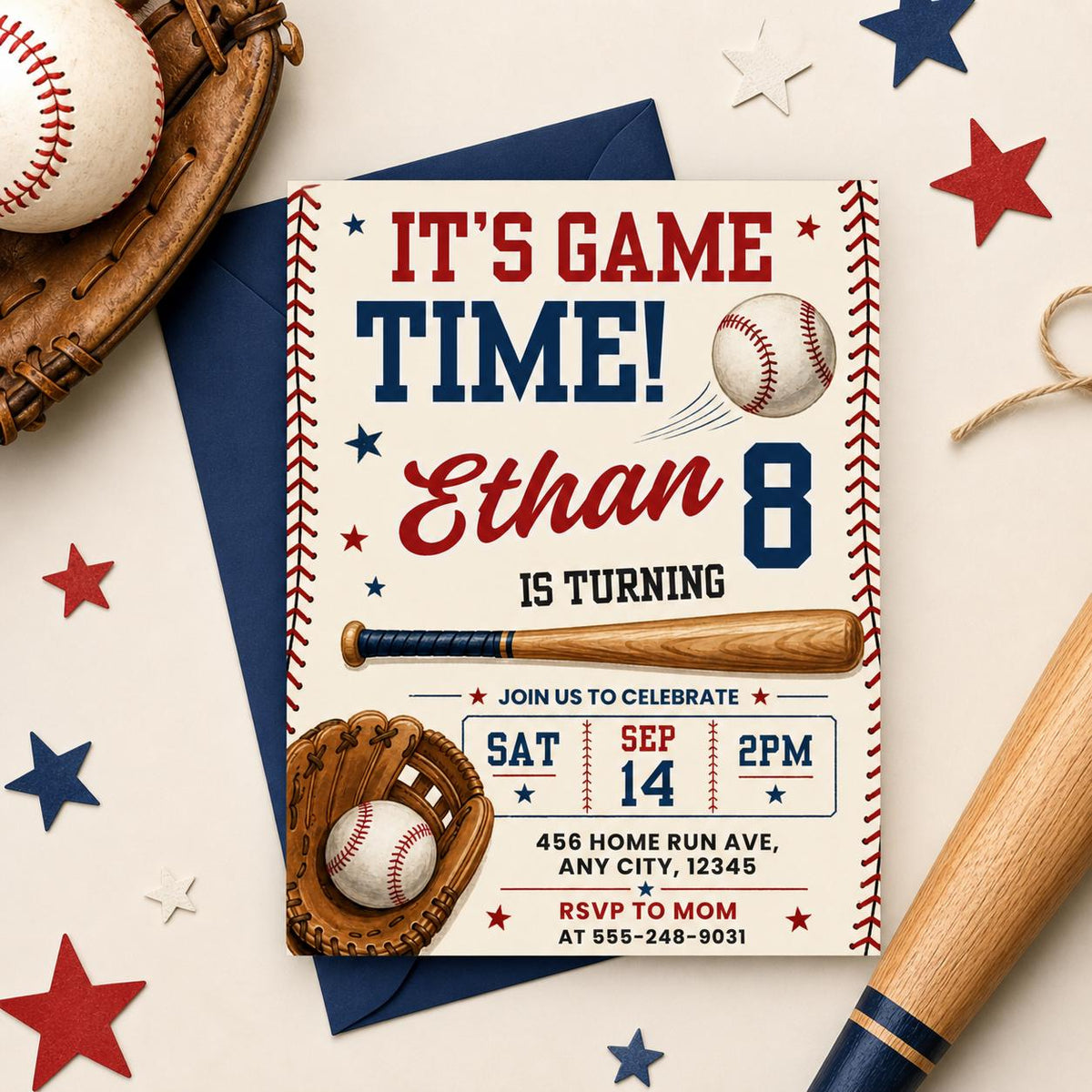 Vintage Baseball 8th Birthday Invitation with Stitched Border in blue and cream
