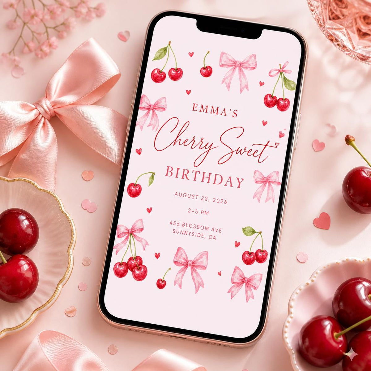 Cherry Sweet Birthday Invitation with Pink Bows — invitation you personalize in Canva