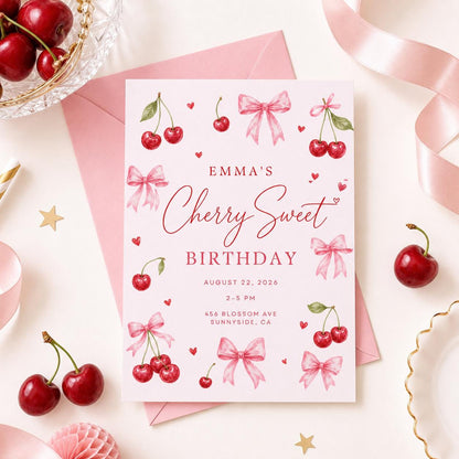 Cherry Sweet Birthday Invitation with Pink Bows in red