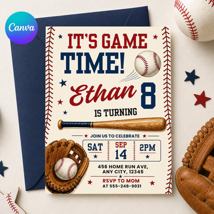Vintage Baseball 8th Birthday Invitation with Stitched Border — editable Canva template