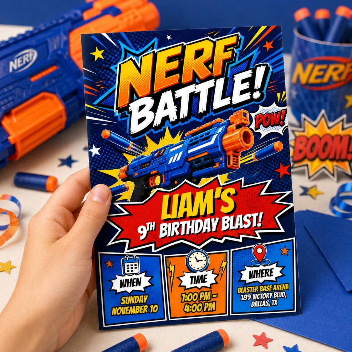 Comic Foam Dart Battle 9th Birthday Invitation — book 9th birthday party design