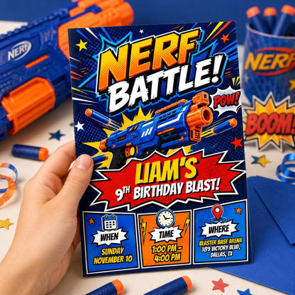 Comic Foam Dart Battle 9th Birthday Invitation — book 9th birthday party design