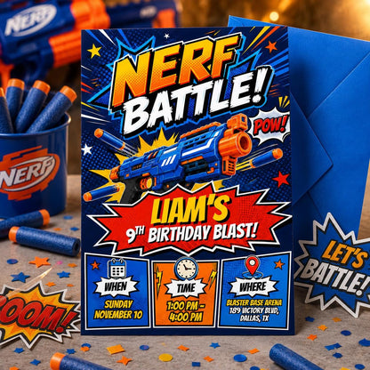 Comic Foam Dart Battle 9th Birthday Invitation — invitation you personalize in Canva