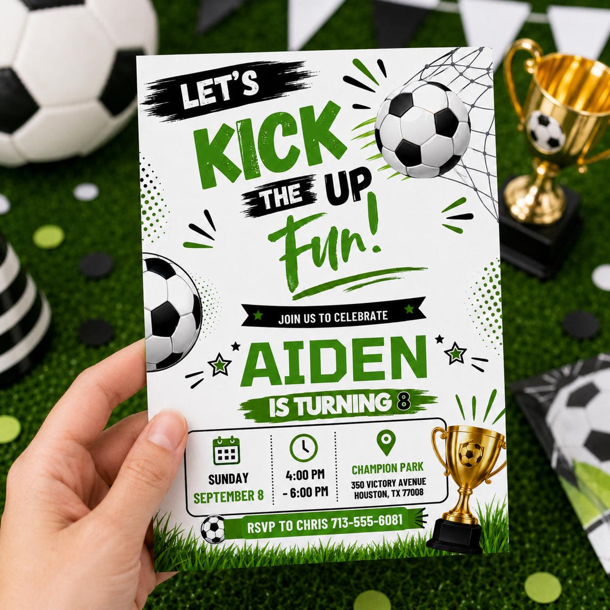 Let's Kick Up the Fun Soccer 8th Birthday Invitation — digital invitation, instant download
