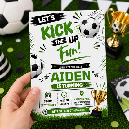 Let's Kick Up the Fun Soccer 8th Birthday Invitation — digital invitation, instant download