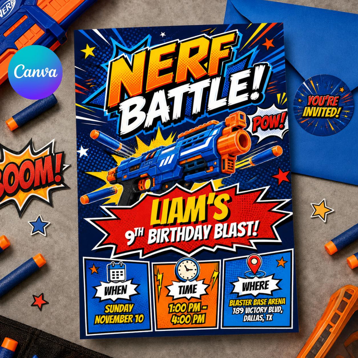 Comic Foam Dart Battle 9th Birthday Invitation — editable Canva template