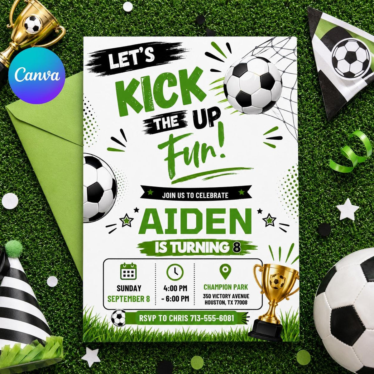 Let's Kick Up the Fun Soccer 8th Birthday Invitation — editable Canva template