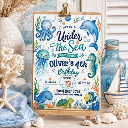 Blue Under the Sea 4th Birthday Invitation — invitation you personalize in Canva