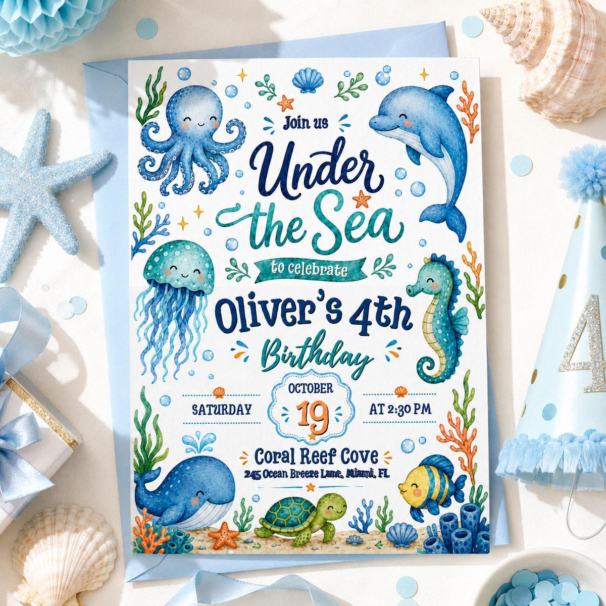 Blue Under the Sea 4th Birthday Invitation — editable Canva template