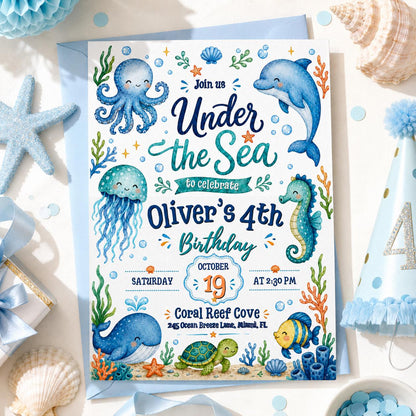 Blue Under the Sea 4th Birthday Invitation — editable Canva template