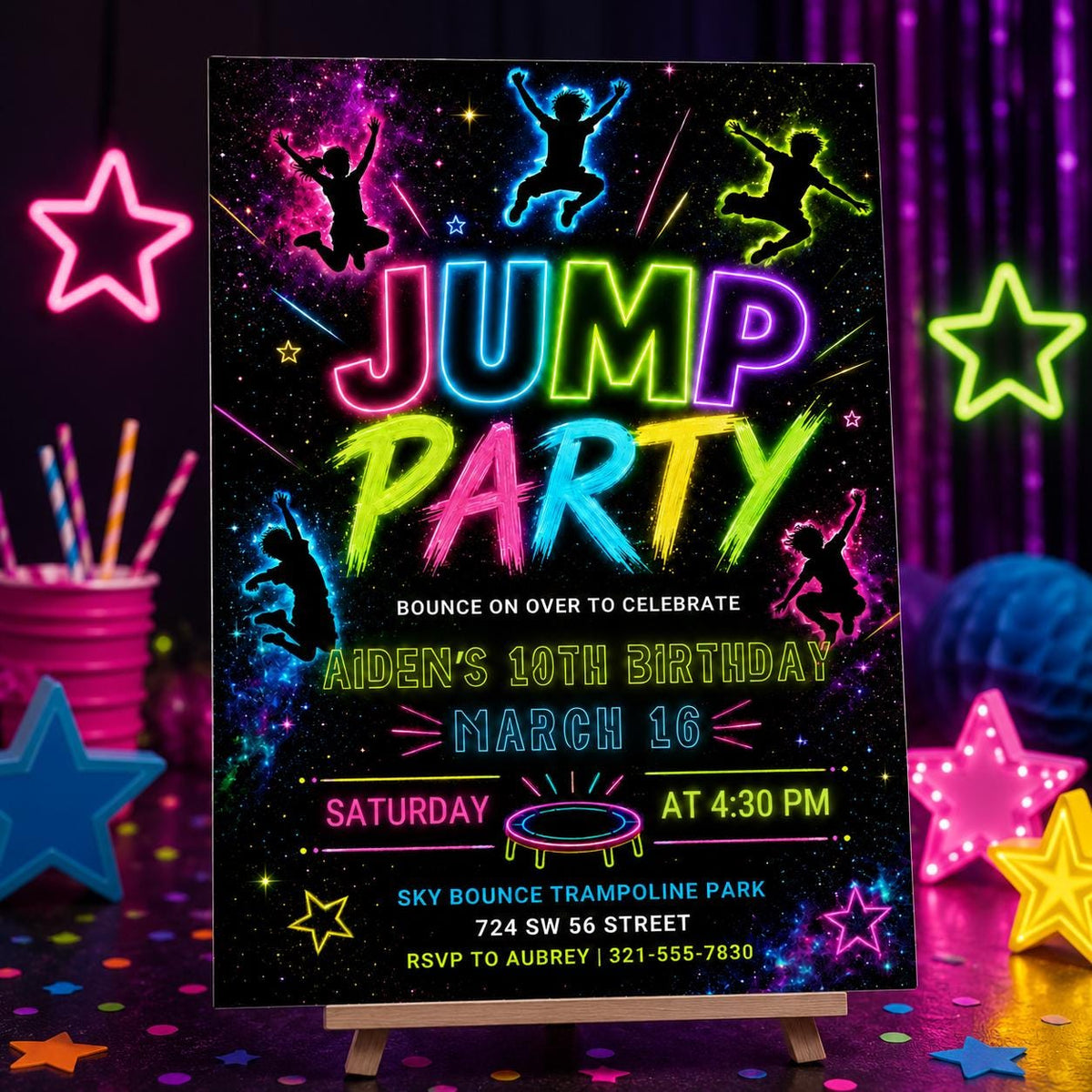 Rainbow Neon Jump Party 10th Birthday Invitation — trampoline design