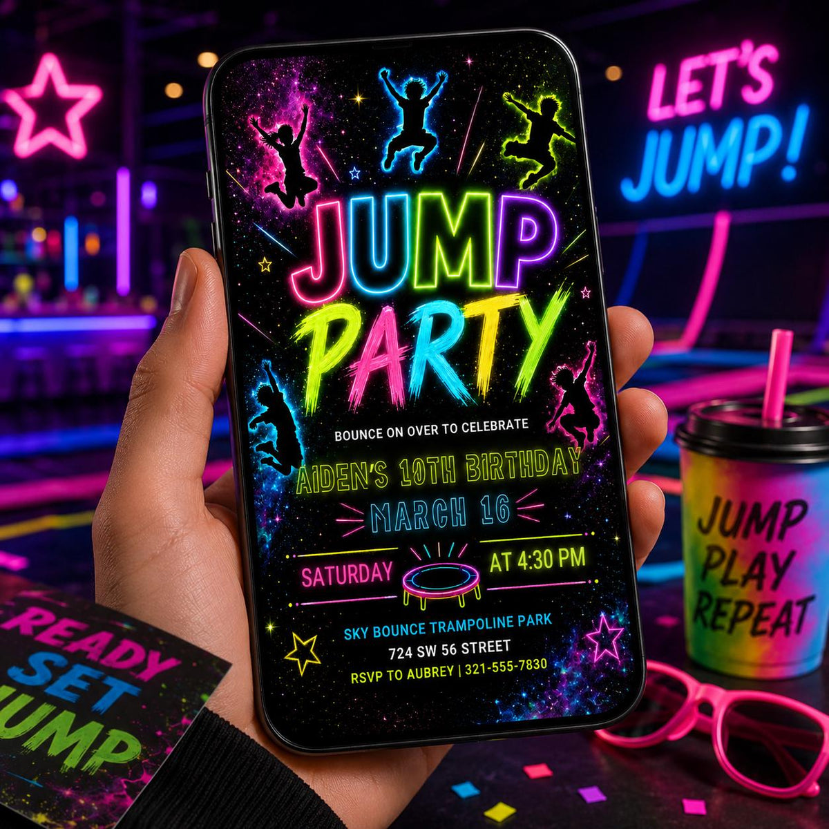 Rainbow Neon Jump Party 10th Birthday Invitation — trampoline artwork in black