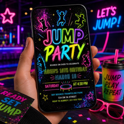 Rainbow Neon Jump Party 10th Birthday Invitation — trampoline artwork in black