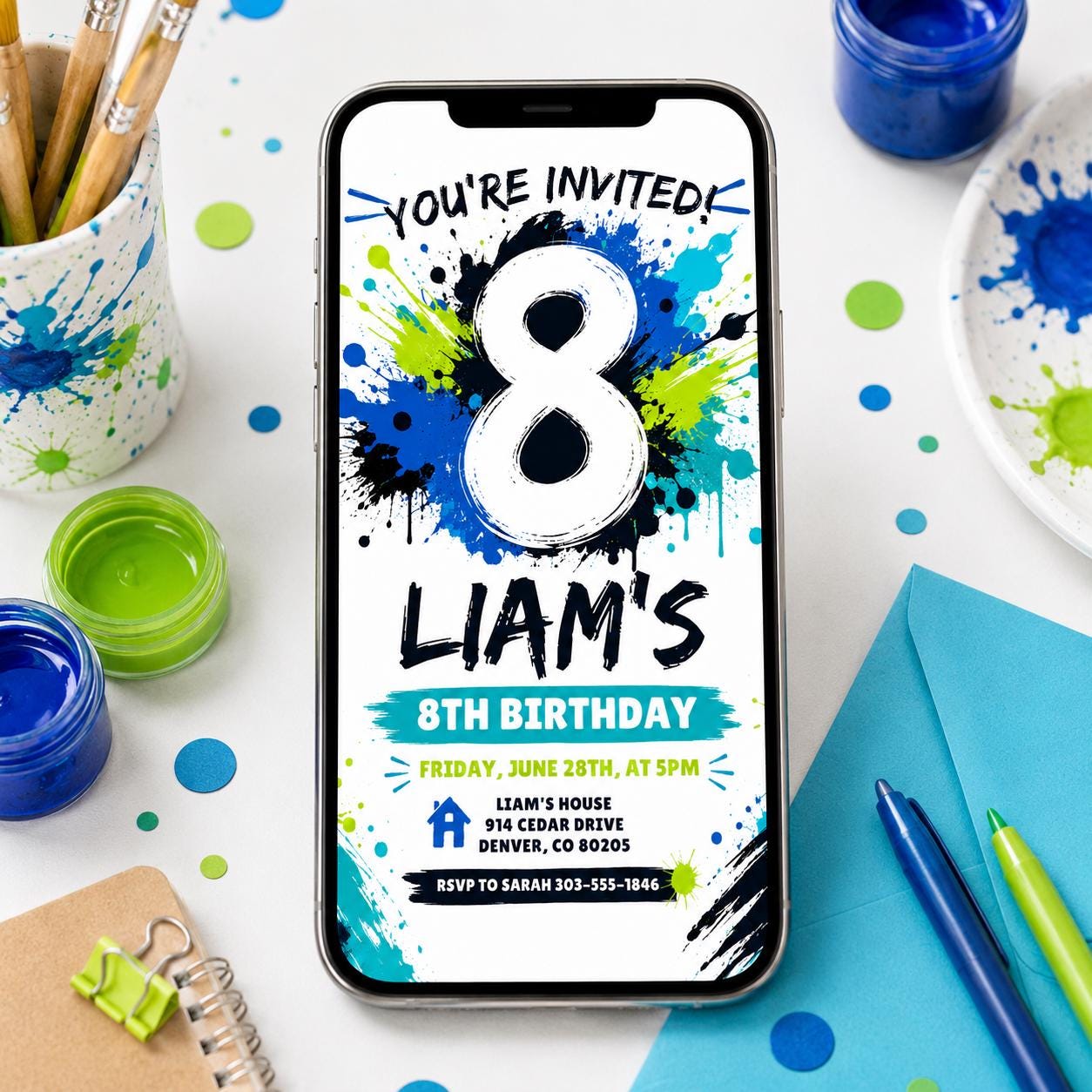 Splash Paint Boy Birthday Invitation, Fun Paint Splash Birthday Invite, 8th Birthday Invitation, Blue and Lime Green Paint, Canva __etsy:8030828770