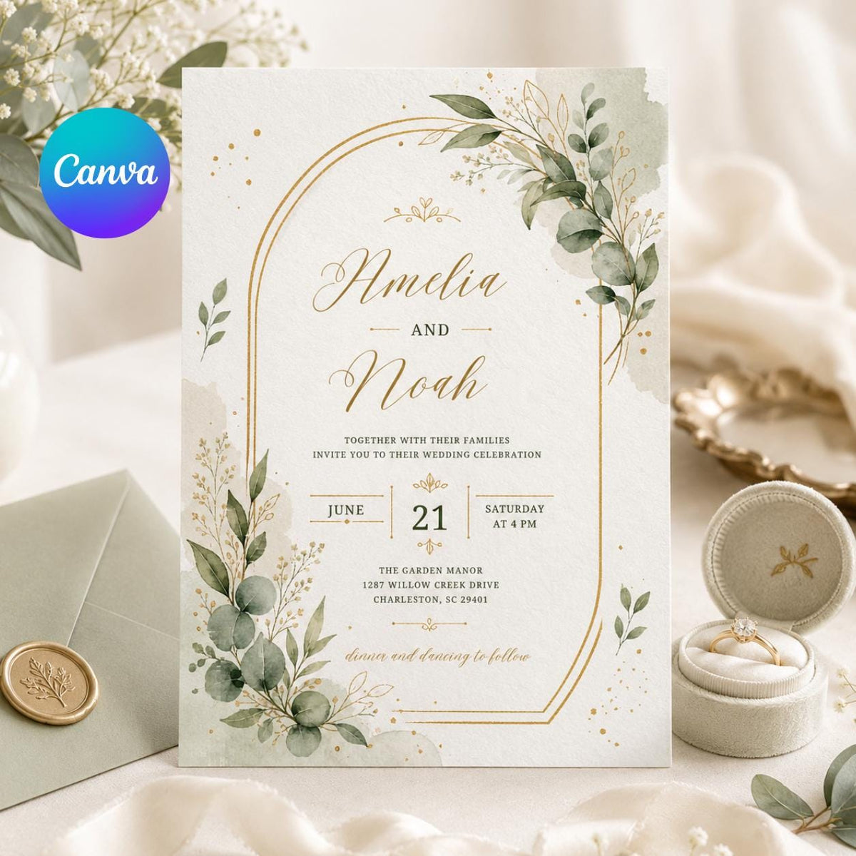 Watercolor Elegant Floral Wedding Invitation — editable Canva template