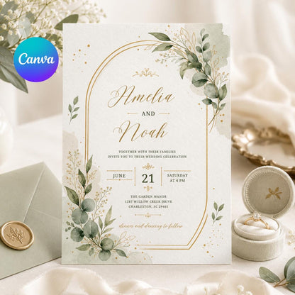 Watercolor Elegant Floral Wedding Invitation — editable Canva template