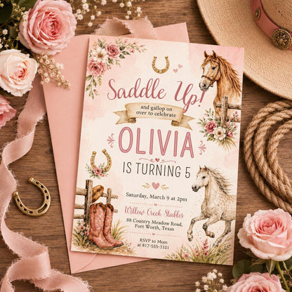 Saddle Up Horse 5th Birthday Invitation with Pink Boots — print-ready 5th birthday party design from VoltBy