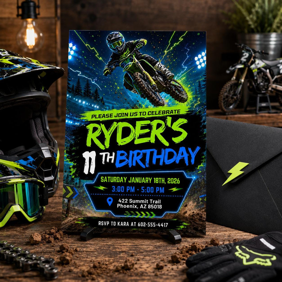 Neon Motocross 11th Birthday Invitation — invitation you personalize in Canva
