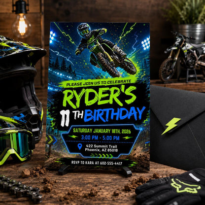 Neon Motocross 11th Birthday Invitation — invitation you personalize in Canva