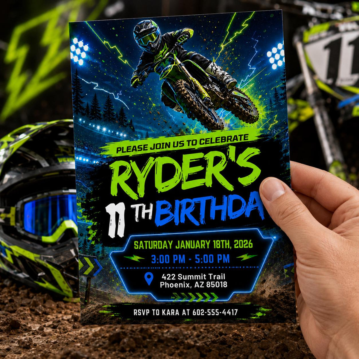 Neon Motocross 11th Birthday Invitation — motorcycle artwork in black and blue
