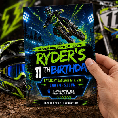 Neon Motocross 11th Birthday Invitation — motorcycle artwork in black and blue