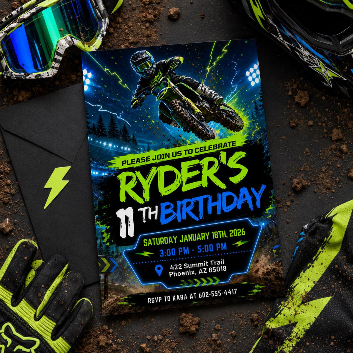 Neon Motocross 11th Birthday Invitation — motorcycle design