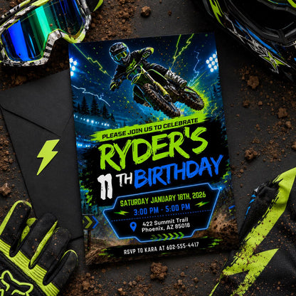 Neon Motocross 11th Birthday Invitation — motorcycle design