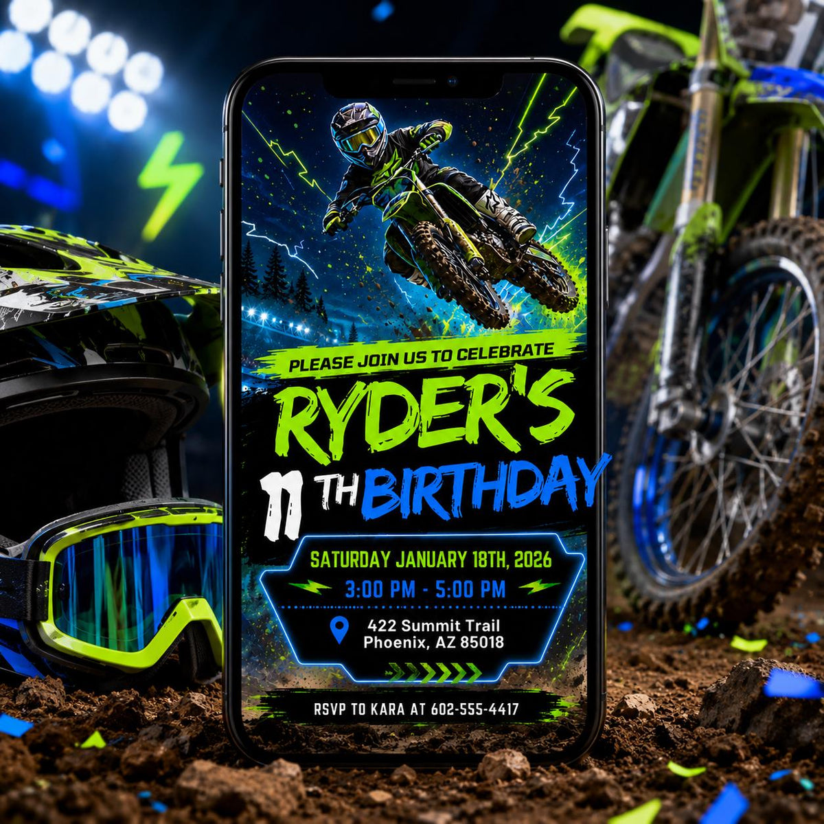 Neon Motocross 11th Birthday Invitation — print-ready 11th birthday party design from VoltBy
