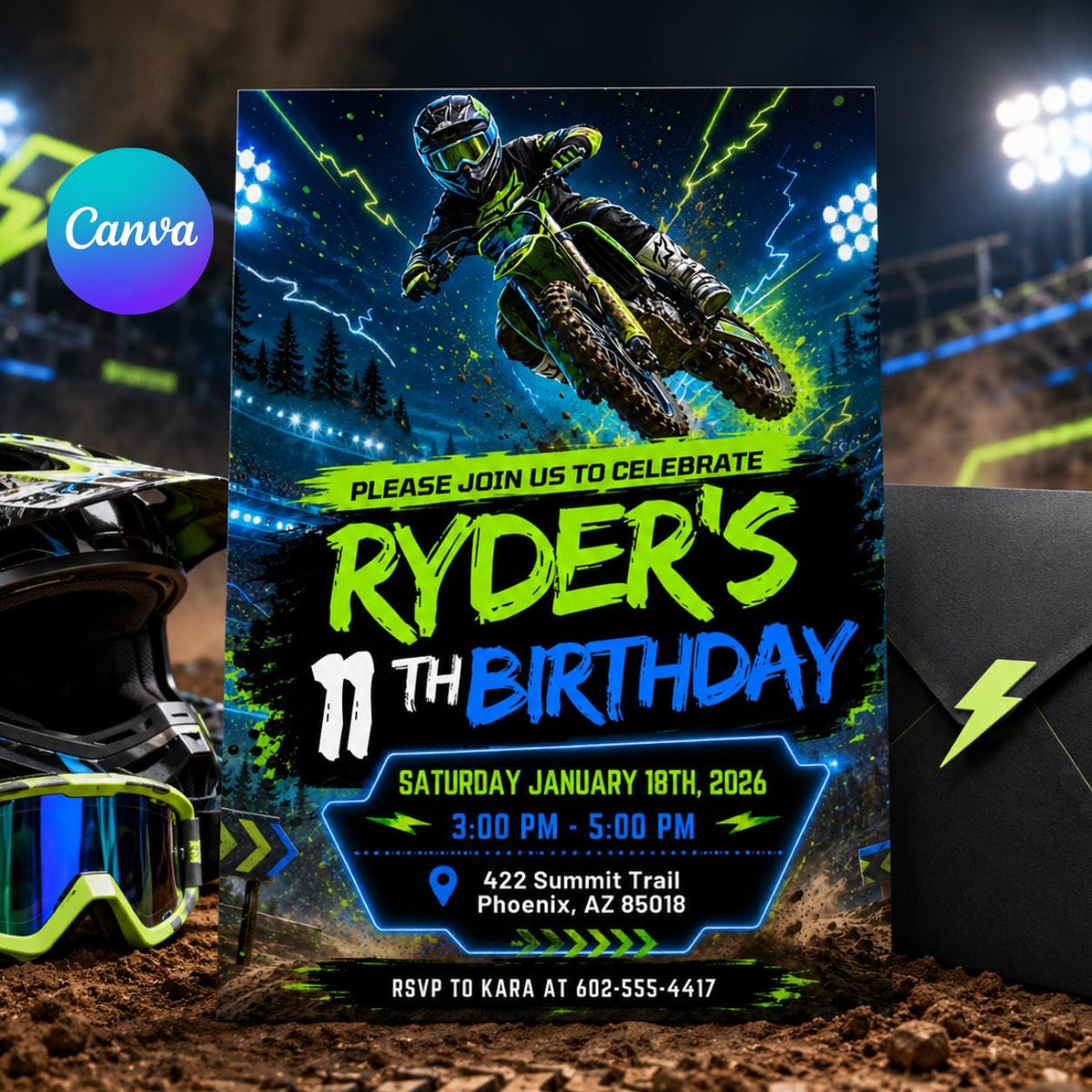 Neon Motocross 11th Birthday Invitation — editable Canva template