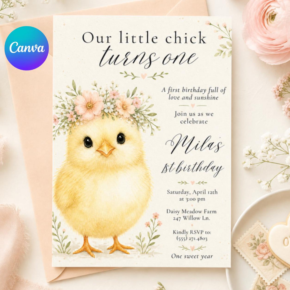 Little Chick First Birthday Invitation with Floral Crown — editable Canva template