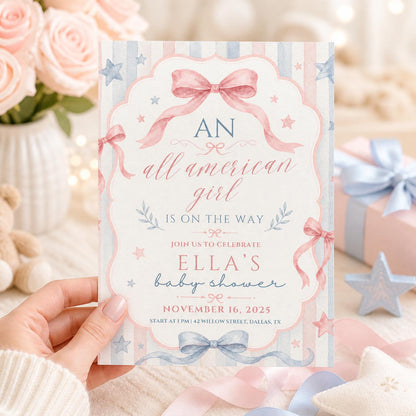 All American Girl Baby Shower, Editable Girl Baby Shower Party Kit, 4th Of July Theme Baby Shower Invite Template, Canva template __etsy:8031828669
