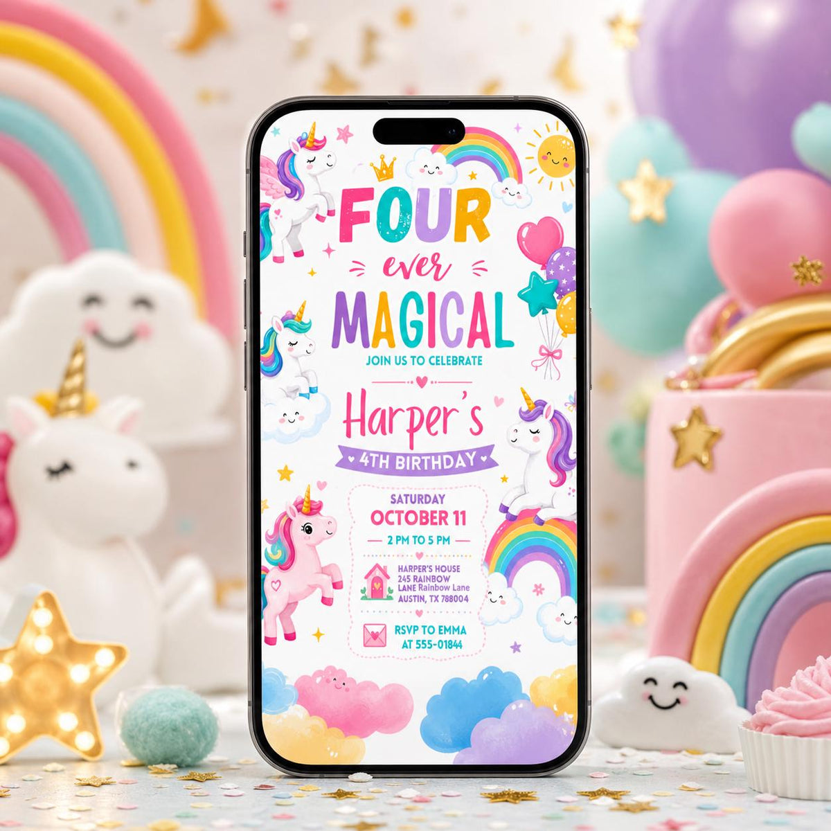 Four Ever Magical Unicorn Birthday Invitation — balloon and magic artwork in pink and teal