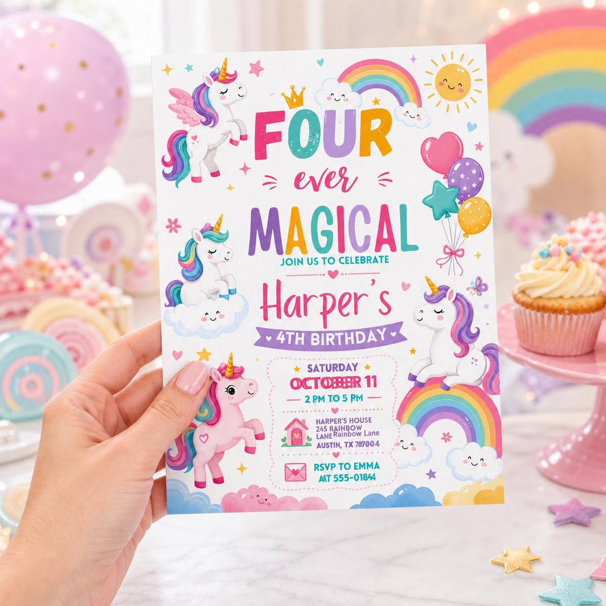 Four Ever Magical Unicorn Birthday Invitation — invitation you personalize in Canva