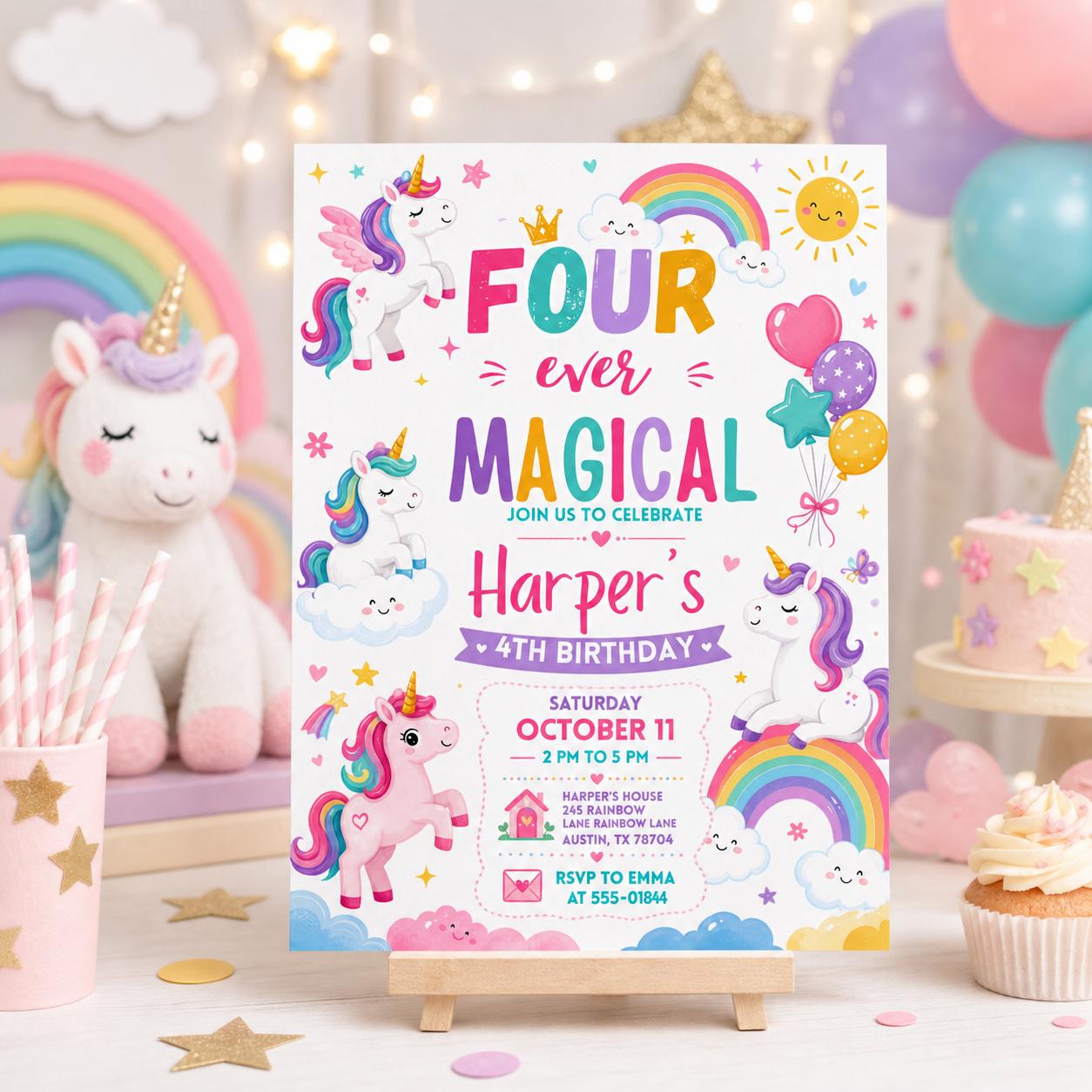 Unicorn 4th Birthday Invitation Template, Four Ever Magical, Pastel Unicorn Birthday Invite, Rainbow Unicorn Invitation, Canva template __etsy:8031862283