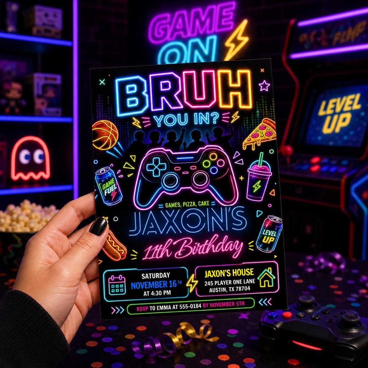 Neon Bruh Gaming 11th Birthday Invitation — sports artwork in black and blue