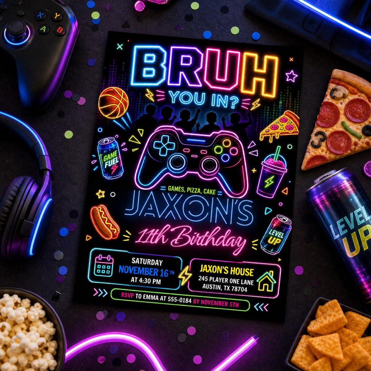 Neon Bruh Gaming 11th Birthday Invitation in black and blue