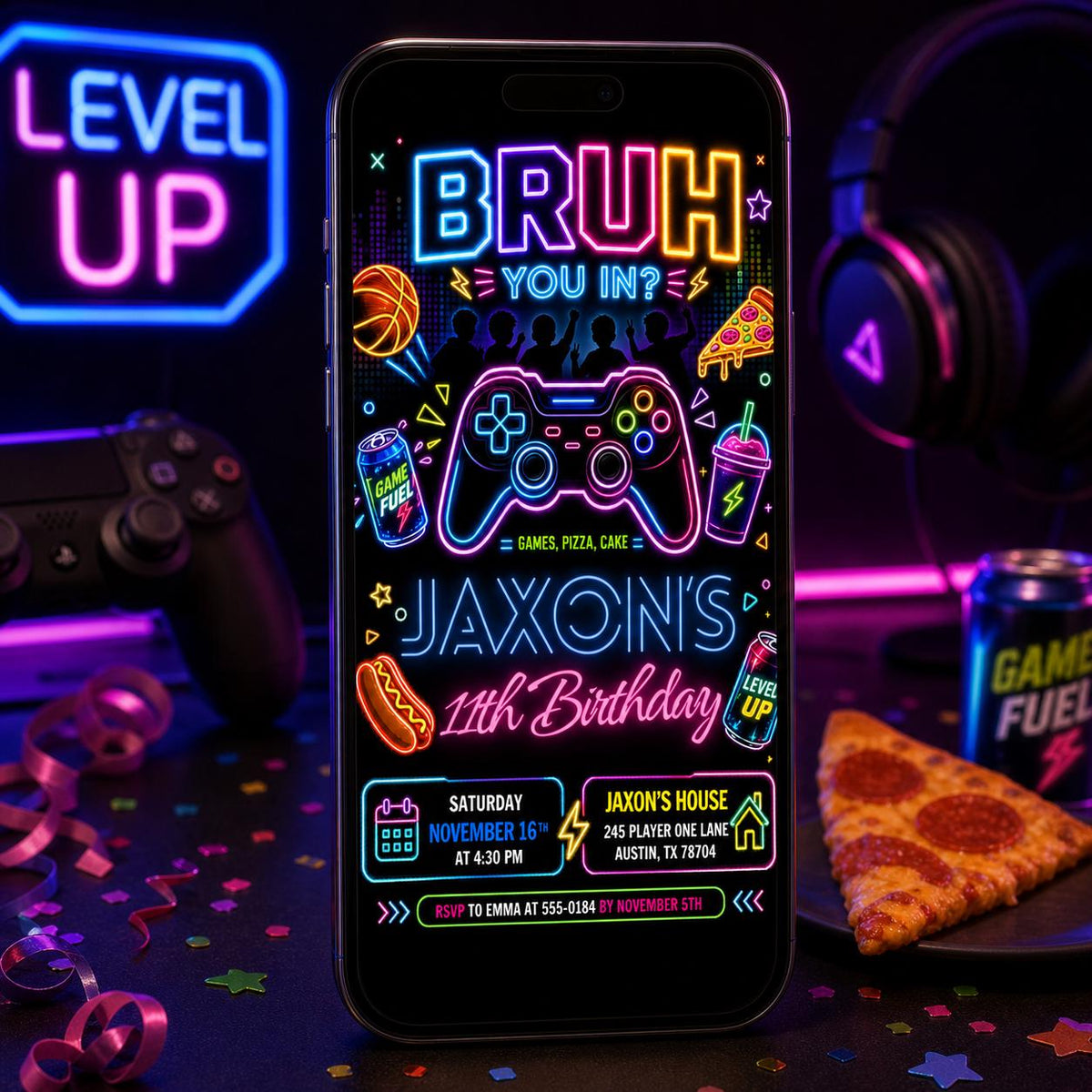 Neon Bruh Gaming 11th Birthday Invitation — print-ready 11th birthday party design from VoltBy