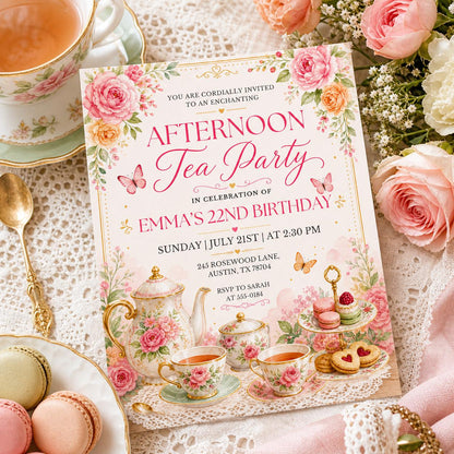 Floral Afternoon Tea 22nd Birthday Invitation in cream and gold
