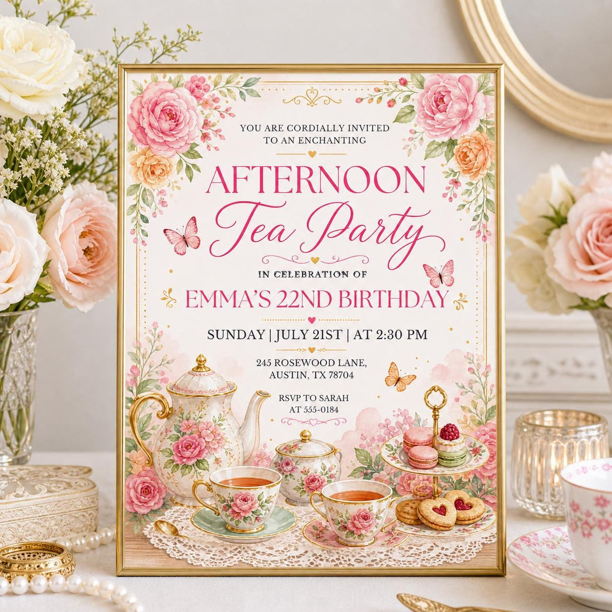 Floral Afternoon Tea 22nd Birthday Invitation — invitation you personalize in Canva