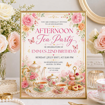 Floral Afternoon Tea 22nd Birthday Invitation — invitation you personalize in Canva