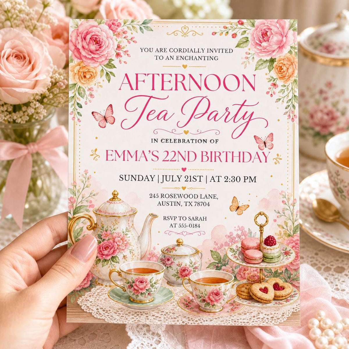 Floral Afternoon Tea 22nd Birthday Invitation — butterfly and cake artwork in cream and gold