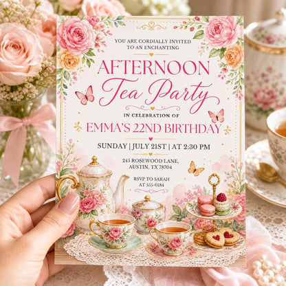 Floral Afternoon Tea 22nd Birthday Invitation — butterfly and cake artwork in cream and gold