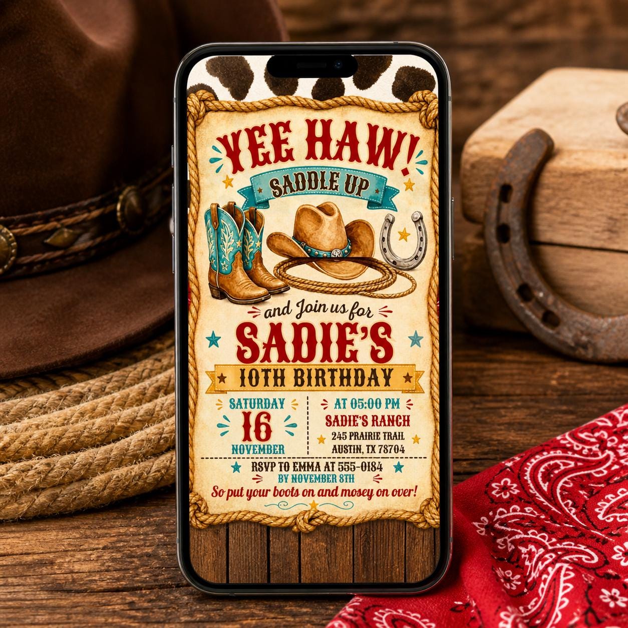 Editable Western Cowgirl Birthday Invitation, Yee Haw Invite, Saddle Up And Put Your Boots On, Western Cowgirl Invitation, Yee Haw Invite __etsy:8032023035