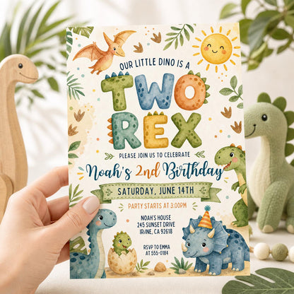 Pink and Purple Pastel Dinosaur 2nd Birthday Invitation — 2nd birthday party stationery by VoltBy