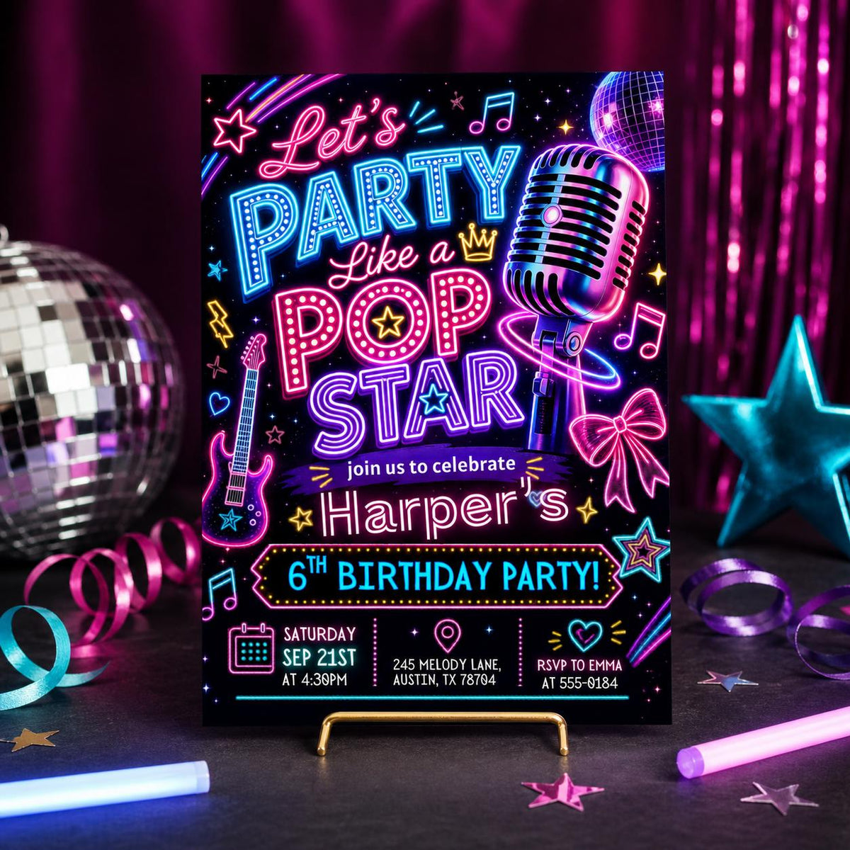 Neon Pop Star 6th Birthday Invitation with Microphone — music artwork in black and blue