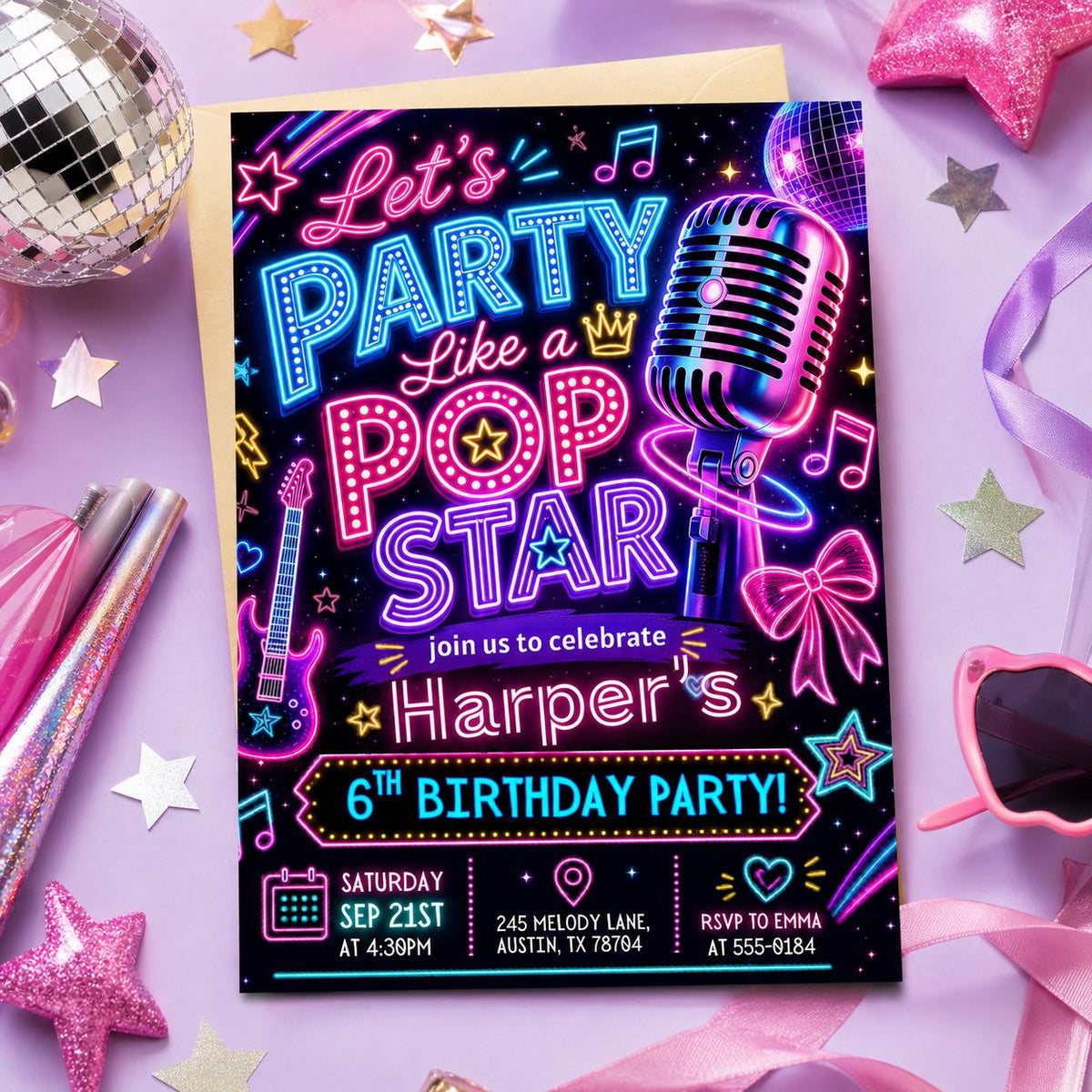 Neon Pop Star 6th Birthday Invitation with Microphone in black and blue